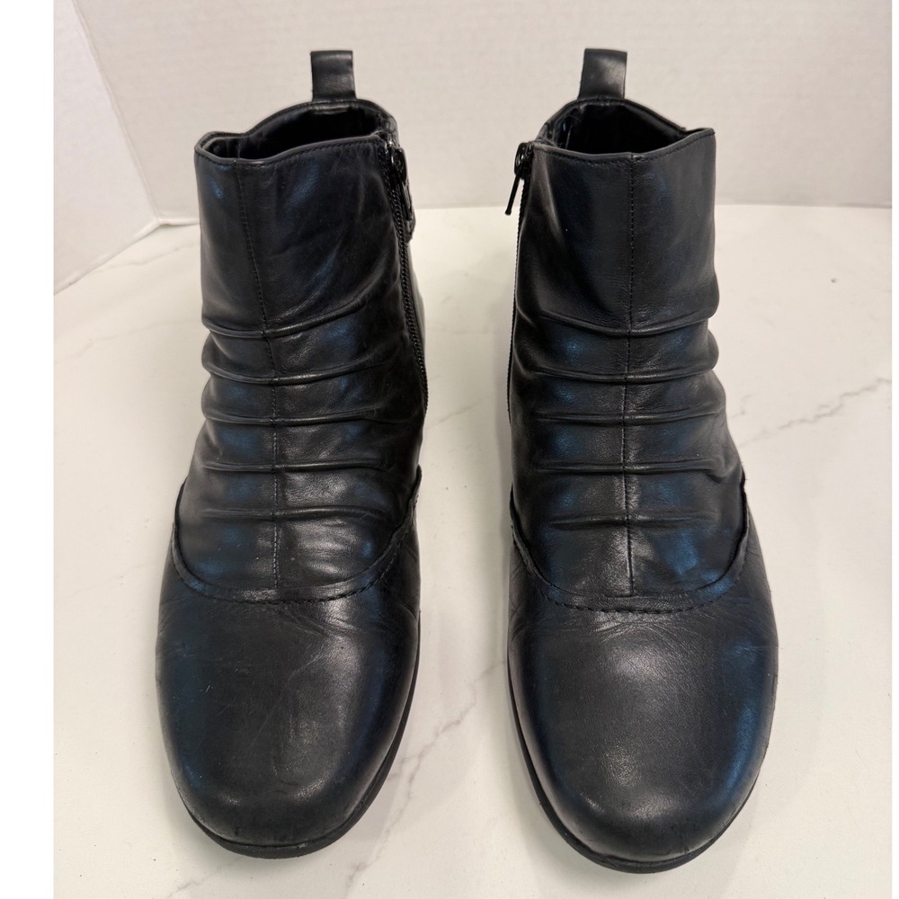 Earth Alta Wide Black Leather Ruched Ankle Boots Womens 10D Side Zip Comfort - Picture 2 of 9